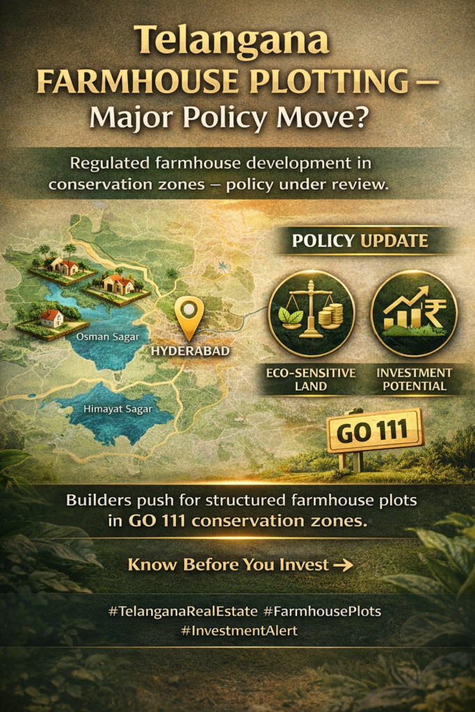 Telangana farmhouse plotting policy update 2026 showing GO 111 conservation zones near Hyderabad including Osman Sagar and Himayat Sagar with investment and eco-regulation highlights.