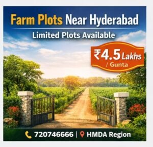 Affordable farm plots near Hyderabad in HMDA region starting at ₹4.5 lakhs per gunta – plantation farm land investment opportunity.