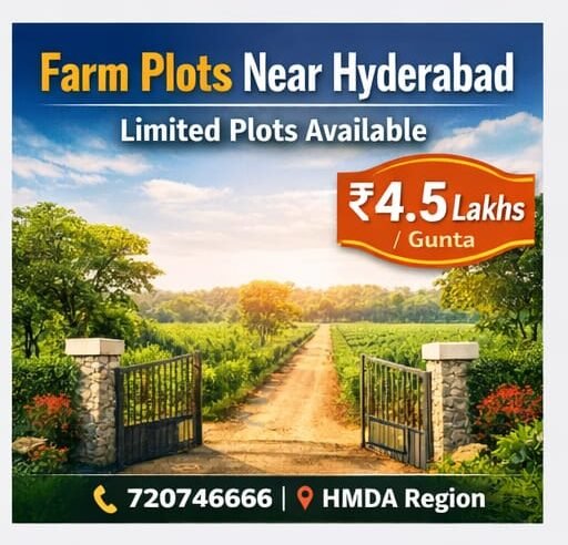Affordable farm plots near Hyderabad in HMDA region starting at ₹4.5 lakhs per gunta – plantation farm land investment opportunity.