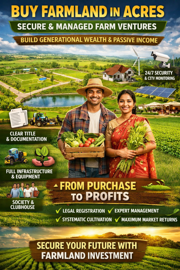 Gated farmland venture with full infrastructure, organic farming, security, and managed agriculture investment in acres