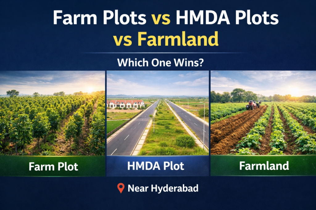 Comparison of farm plots, HMDA plots, and farmland near Hyderabad showing plantation farm land, residential HMDA layout plots, and agricultural farmland for investment.