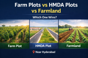 Comparison of farm plots, HMDA plots, and farmland near Hyderabad showing plantation farm land, residential HMDA layout plots, and agricultural farmland for investment.