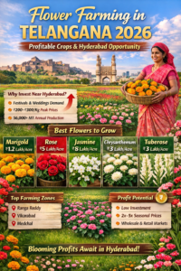 Profitable flower farming in Telangana near Hyderabad showing marigold, rose, jasmine and commercial floriculture income potential per acre