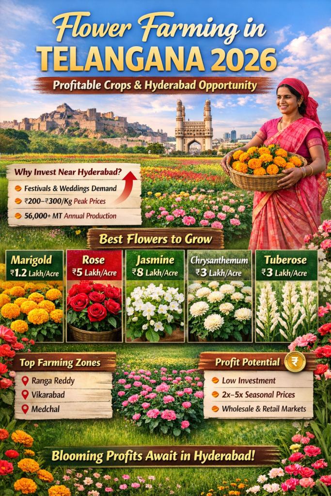 Profitable flower farming in Telangana near Hyderabad showing marigold, rose, jasmine and commercial floriculture income potential per acre