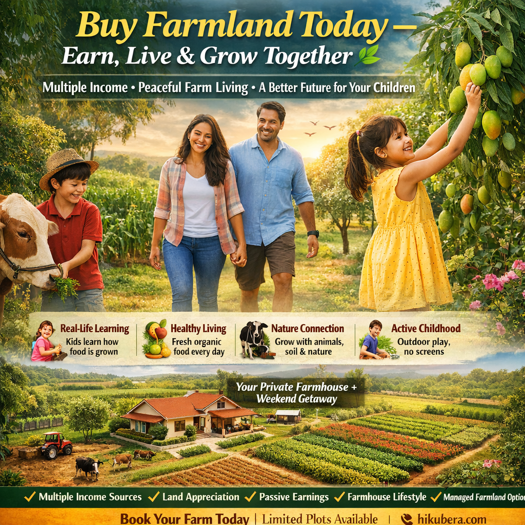 Multigenerational family enjoying farmland lifestyle with children farming, parents relaxing, and couple working in agricultural land showcasing farmland investment benefits in India
