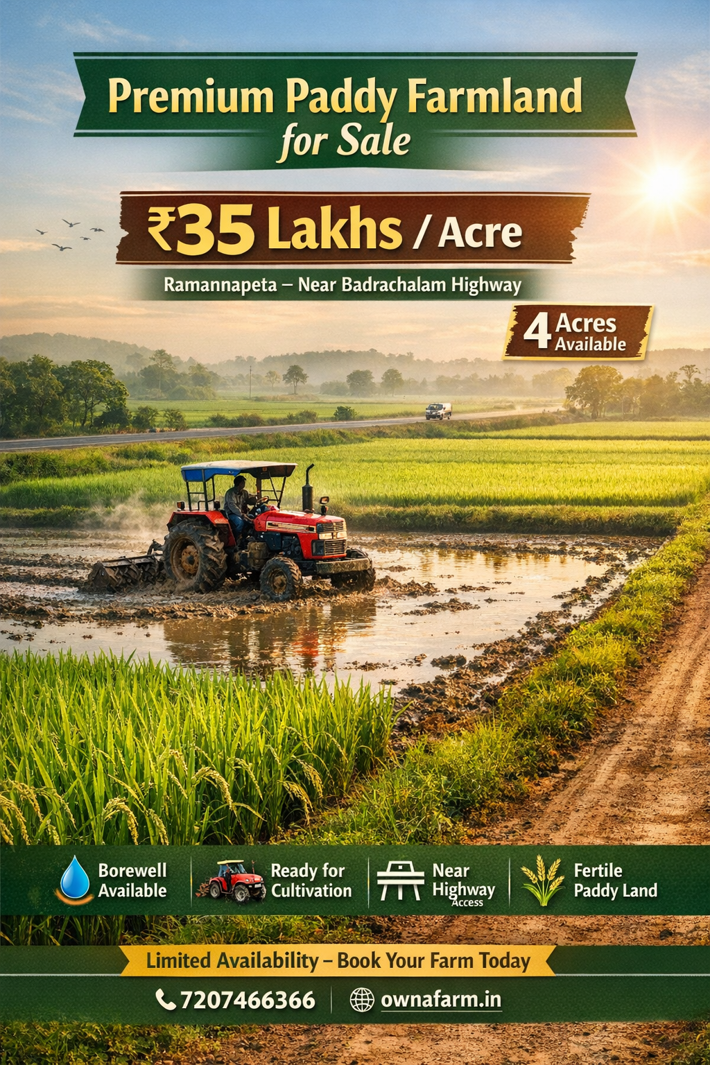 Paddy farmland with borewell and tractor in Ramannapeta near Badrachalam Highway 4 acres agricultural land for sale