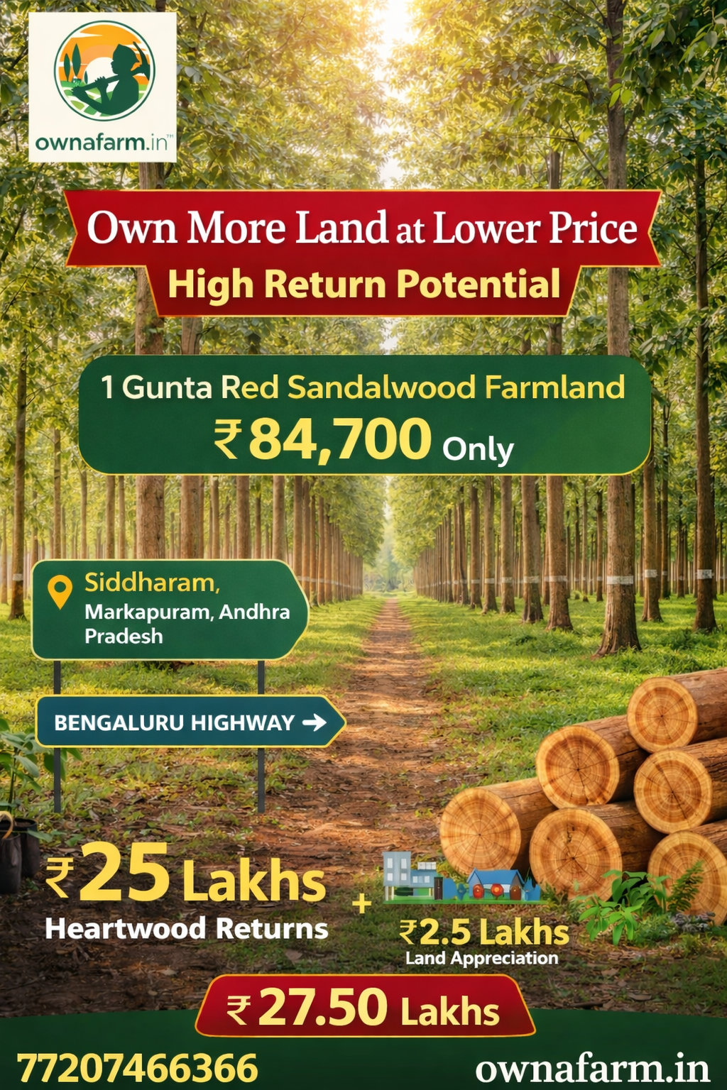 1 Gunta Red Sandalwood Farmland in Siddharam, Markapuram near Bengaluru Highway – ₹84,700 with High Return Potential