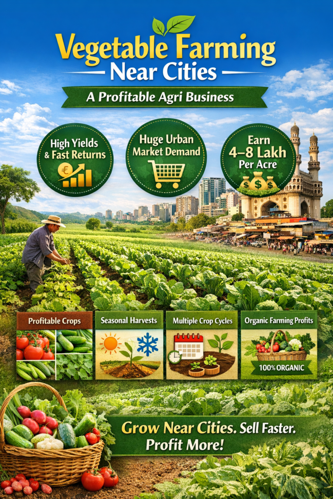 Vegetable farming near urban cities showing high yield crops, farmer working in field, urban market demand, organic farming profits per acre