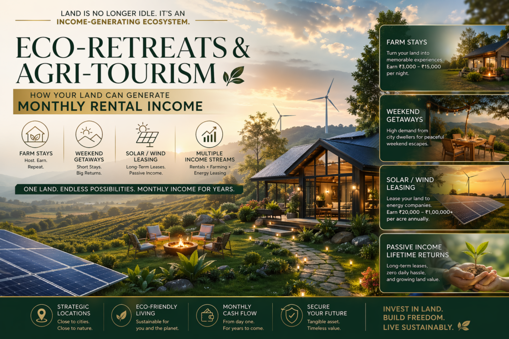 Luxury eco retreat farmhouse with solar panels and wind turbines showcasing agri tourism, farm stay income, weekend getaway rentals and renewable energy land leasing in India