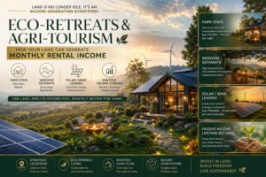 Luxury eco retreat farmhouse with solar panels and wind turbines showcasing agri tourism, farm stay income, weekend getaway rentals and renewable energy land leasing in India