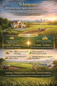 Telangana revenue from agricultural land registrations and NALA conversions FY 2025-26 infographic