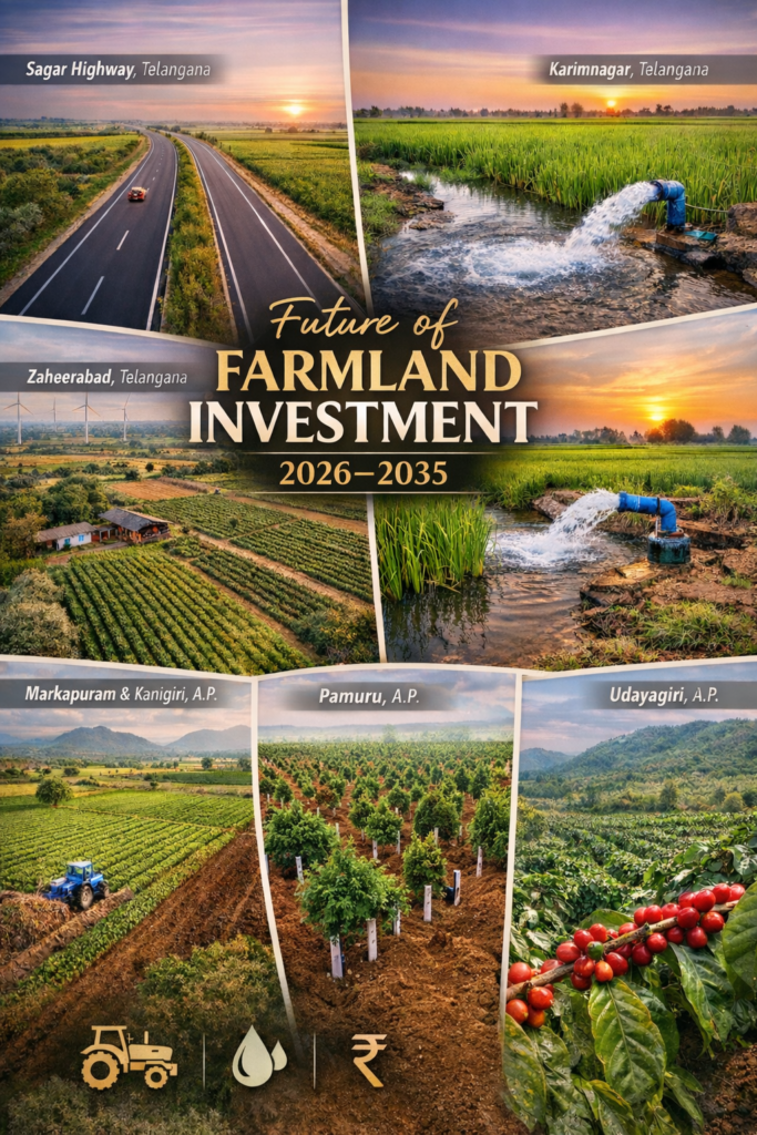 Premium farmland investment zones in Telangana and Andhra Pradesh including Sagar Highway, Karimnagar, Zaheerabad, Markapuram, Kanigiri, Pamuru, and Udayagiri with Red Sandalwood plantations