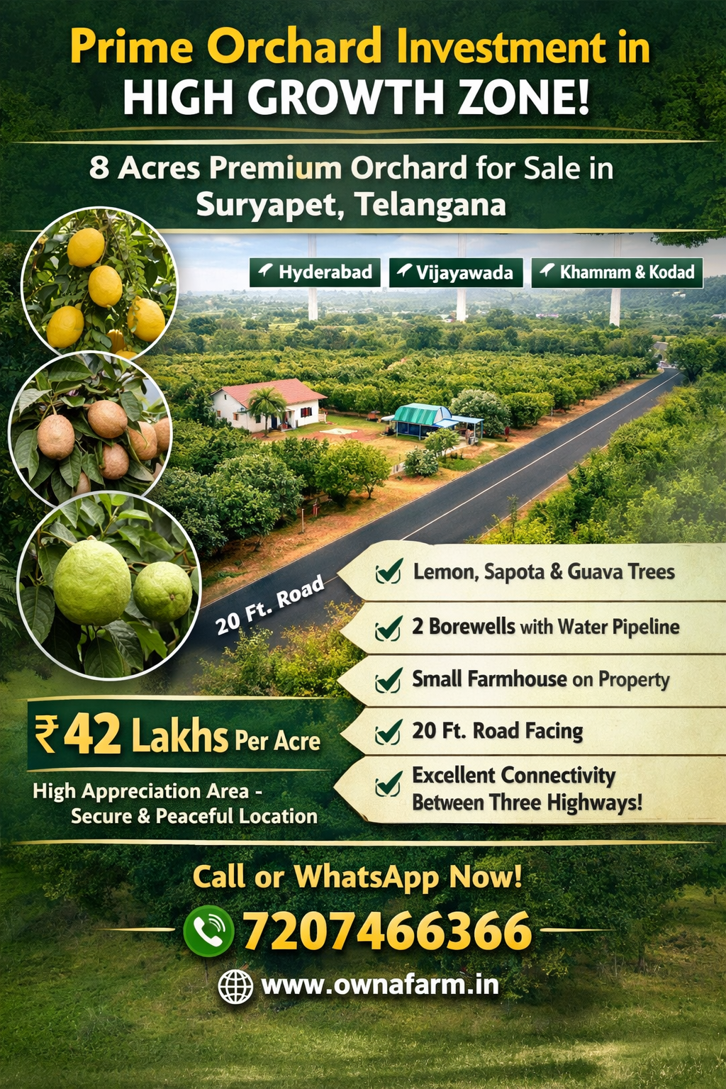 8 acre orchard farmland with lemon sapota guava trees borewell farmhouse in Suryapet Telangana near Hyderabad highway