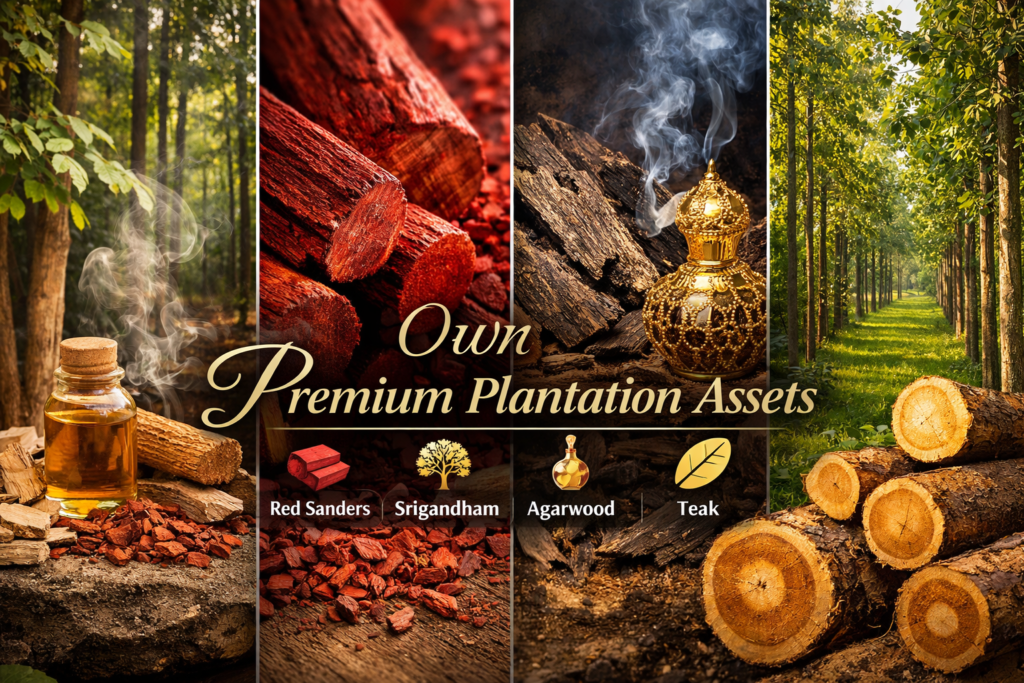 Premium plantation farmland showcasing Red Sanders logs, Srigandham sandalwood, Agarwood resin and Teak trees for high return investment near Hyderabad and Markapuram industrial belt