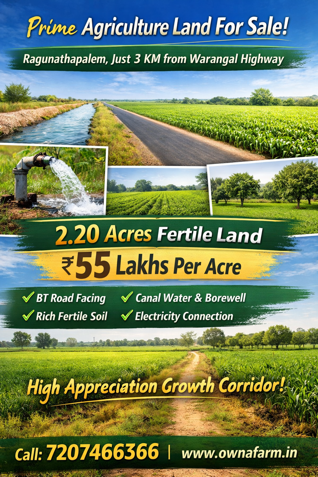 2.20 Acres Fertile Agricultural Land in Ragunathapalem Near Warangal Highway with Canal Water and Borewell
