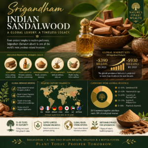 Infographic showing Indian sandalwood (Srigandham) heartwood value, sandalwood oil demand, global export markets, and worldwide revenue distribution