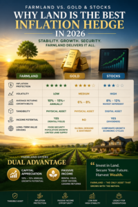 Farmland investment vs gold and stock market comparison showing 10-15 percent annual returns best inflation hedge agricultural land 2026 India
