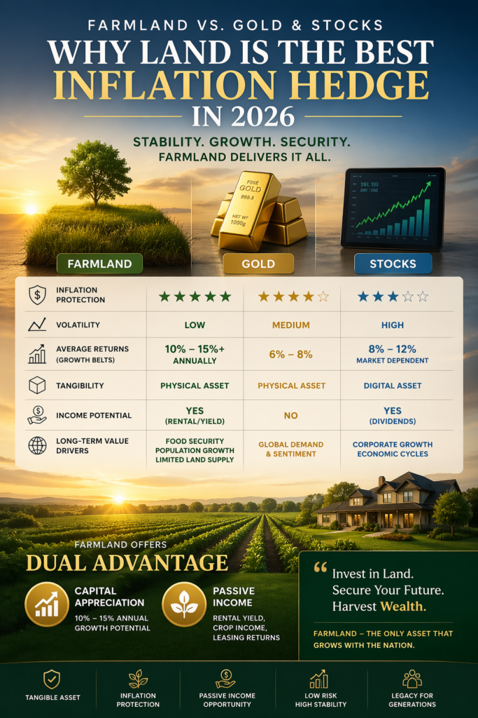 Farmland investment vs gold and stock market comparison showing 10-15 percent annual returns best inflation hedge agricultural land 2026 India