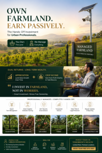 Managed farmland investment with professional farm management, dual income from land appreciation and crop yield, secure gated agricultural plots for urban investors in India