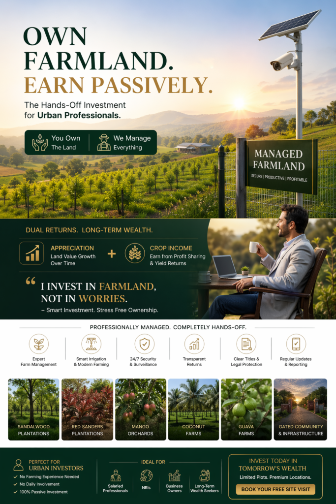 Managed farmland investment with professional farm management, dual income from land appreciation and crop yield, secure gated agricultural plots for urban investors in India
