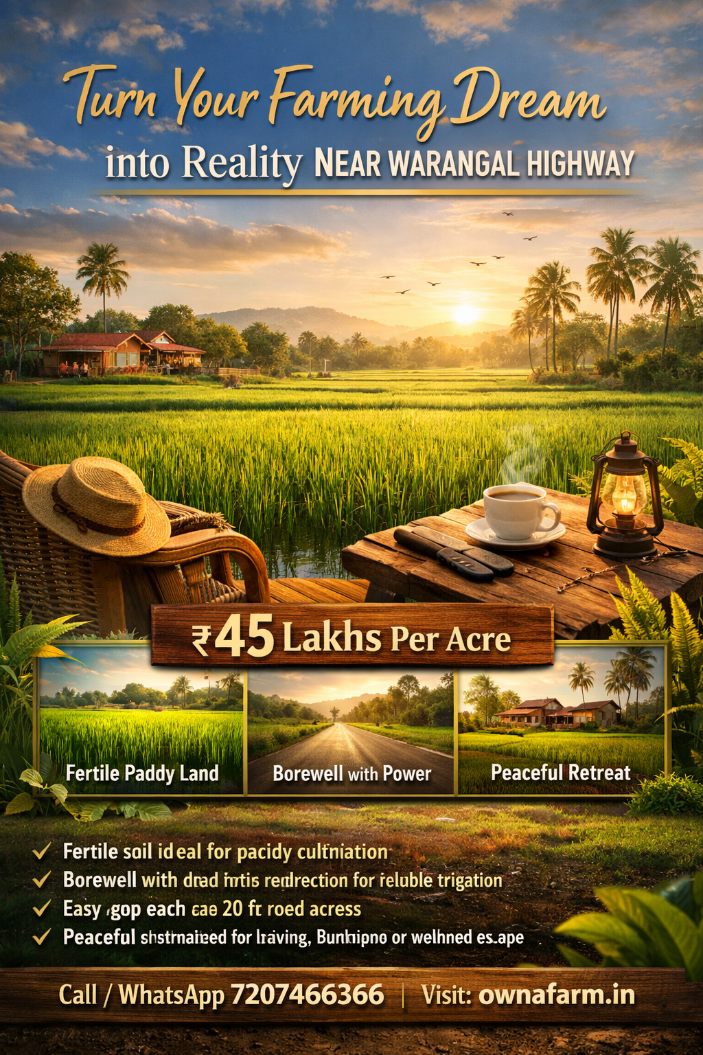 3 Acre Paddy Field Agricultural Land with Borewell Near Warangal Highway Medikonda Jangaon Farmland for Sale ₹45 Lakhs Per Acre