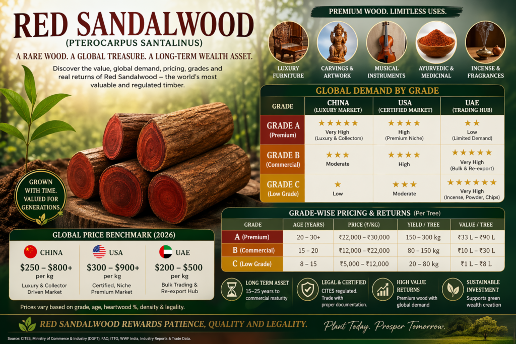 Red Sandalwood grade-wise pricing chart showing A B C logs, global demand in China USA UAE, and investment returns per tree