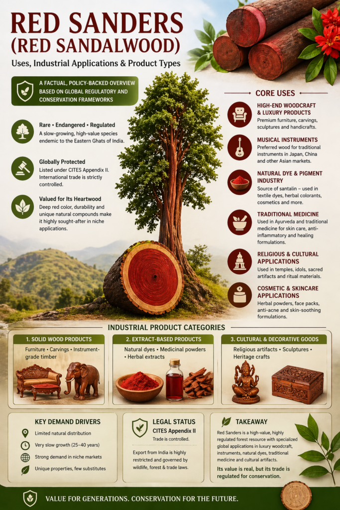 Infographic showing Red Sandalwood (Pterocarpus santalinus) uses, product types, and CITES-regulated trade insights