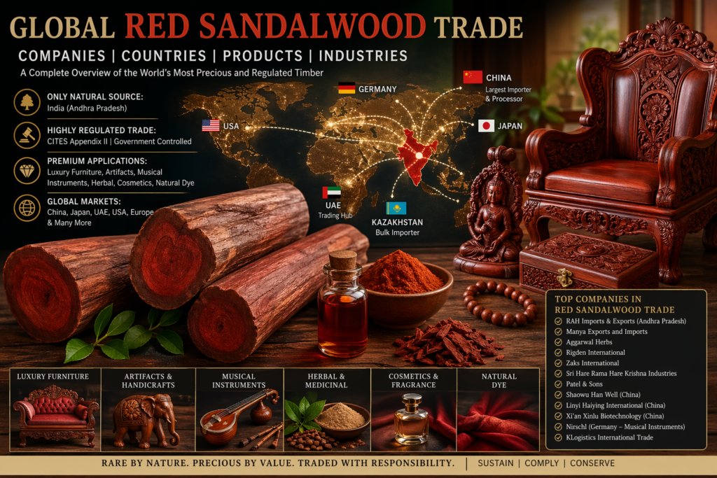 Red Sandalwood Global Trade Infographic Showing India Supply, China Demand, Export Companies, Luxury Furniture, Herbal, Cosmetics and Musical Instrument Uses