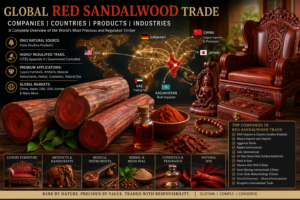 Red Sandalwood Global Trade Infographic Showing India Supply, China Demand, Export Companies, Luxury Furniture, Herbal, Cosmetics and Musical Instrument Uses