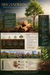 Premium infographic showing Srigandham Indian sandalwood plantation growing conditions suitable regions and heartwood maturity in India