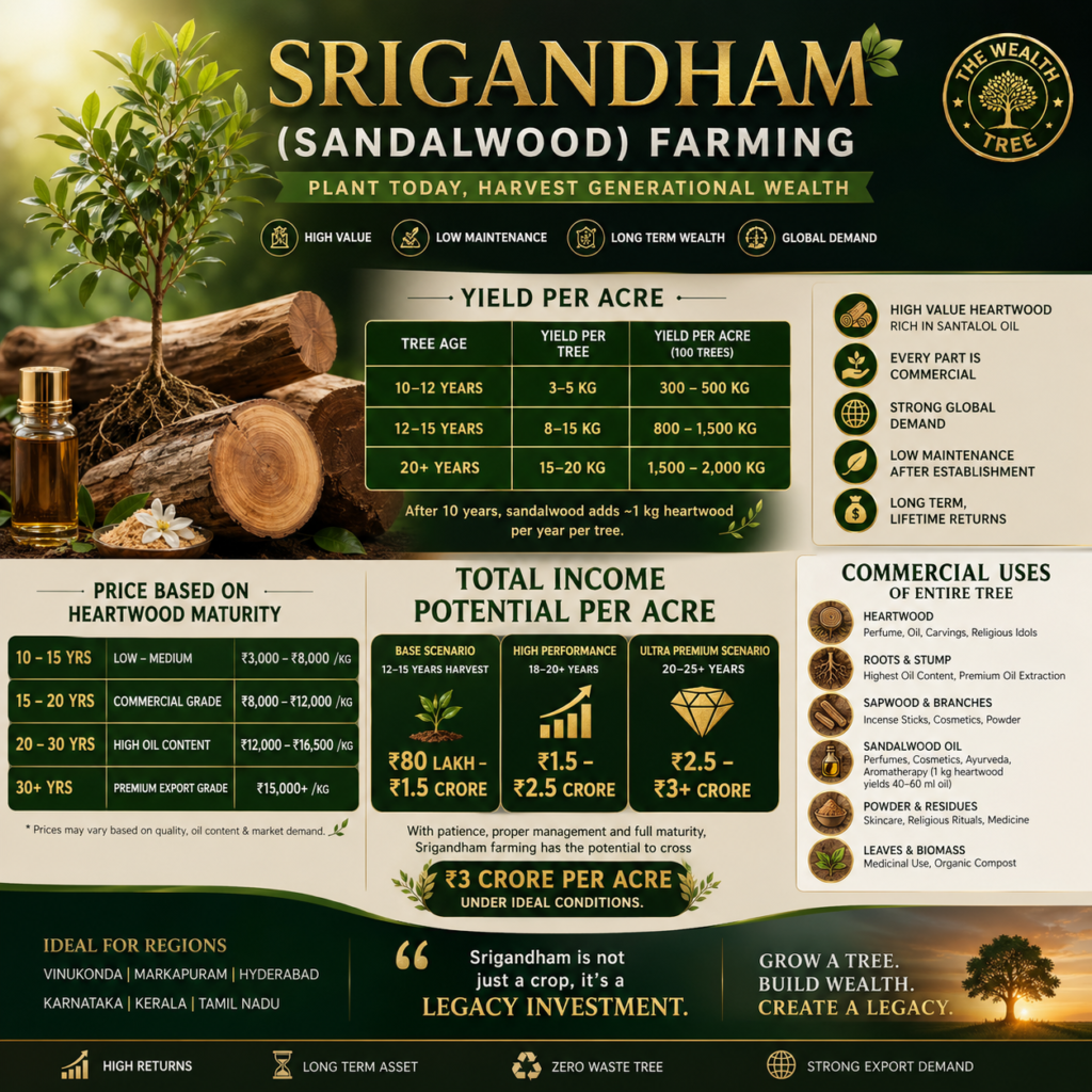 Infographic of Srigandham sandalwood farming showing yield per acre, heartwood price by age, commercial uses, and ₹3 crore income potential from 1 acre plantation