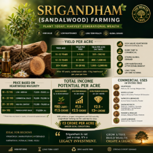 Infographic of Srigandham sandalwood farming showing yield per acre, heartwood price by age, commercial uses, and ₹3 crore income potential from 1 acre plantation