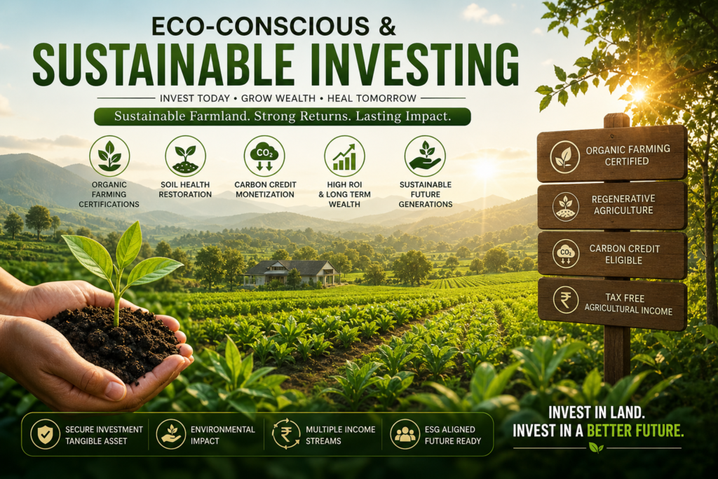 Sustainable farmland investment showcasing organic farming, soil health restoration, and carbon credit monetization for eco-conscious wealth creation in India