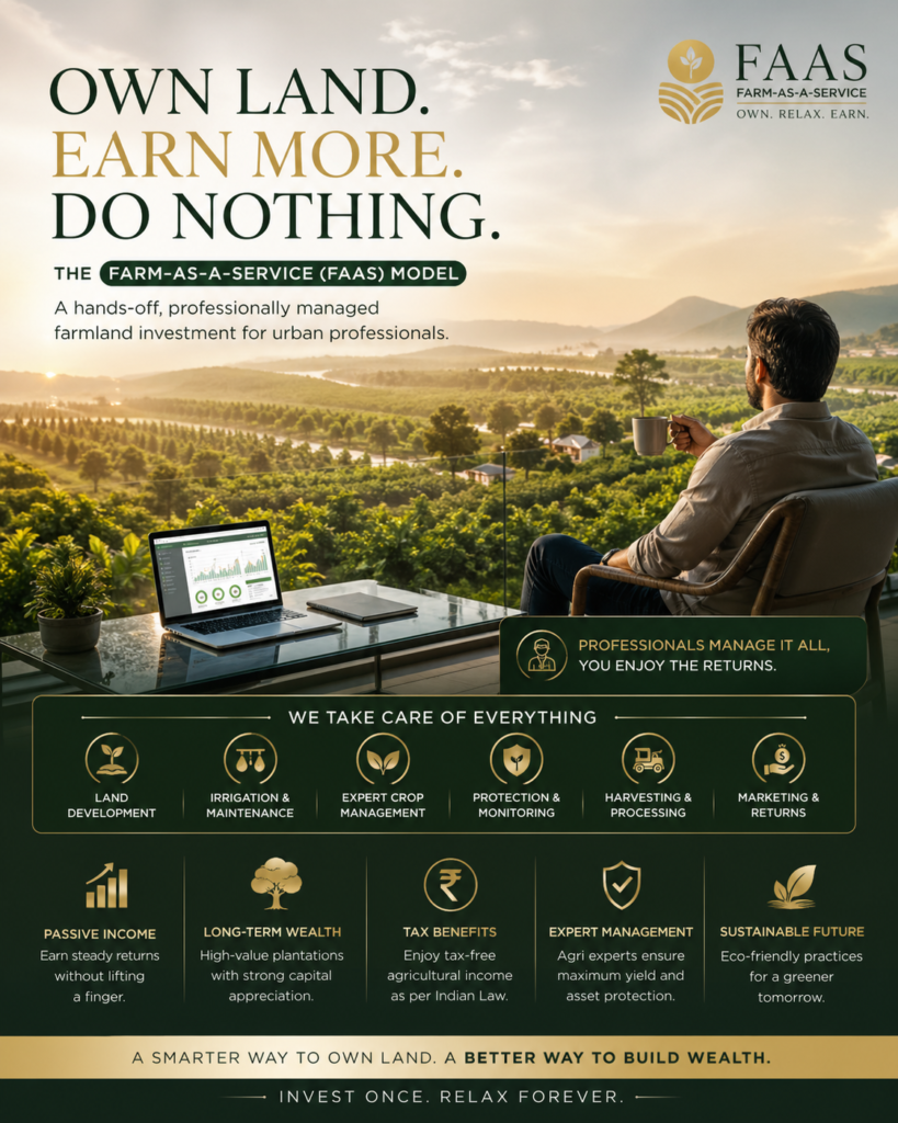 Luxury managed farmland with Farm-as-a-Service model showcasing passive income, professional farm management, and high-value plantation investment in India