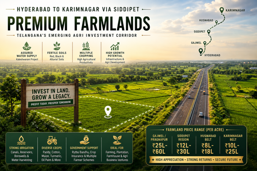 Premium farmlands along Hyderabad Siddipet Karimnagar highway with green agricultural fields irrigation canals and investment price zones Telangana