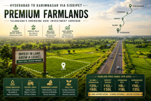 Premium farmlands along Hyderabad Siddipet Karimnagar highway with green agricultural fields irrigation canals and investment price zones Telangana