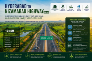 Aerial view of NH-44 Hyderabad to Nizamabad highway showcasing fertile agricultural lands, irrigation rivers, and high-growth farmland investment corridor in North Telangana