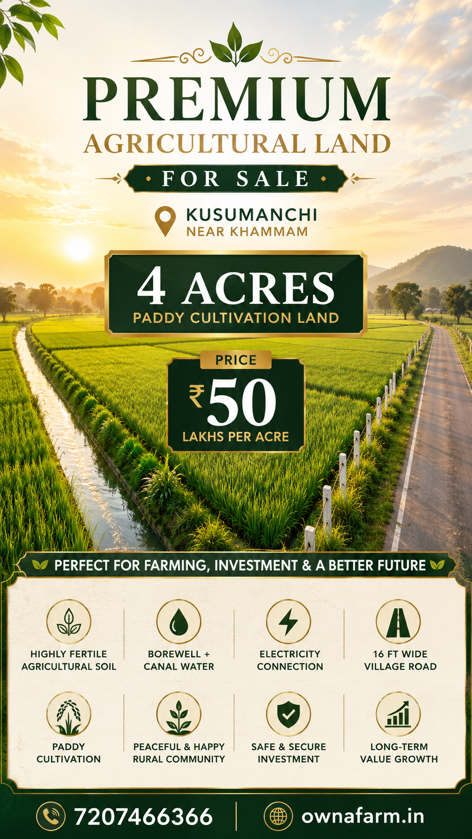 4 Acres fertile paddy farmland with borewell, canal water, electricity and road access for sale in Kusumanchi near Khammam Telangana