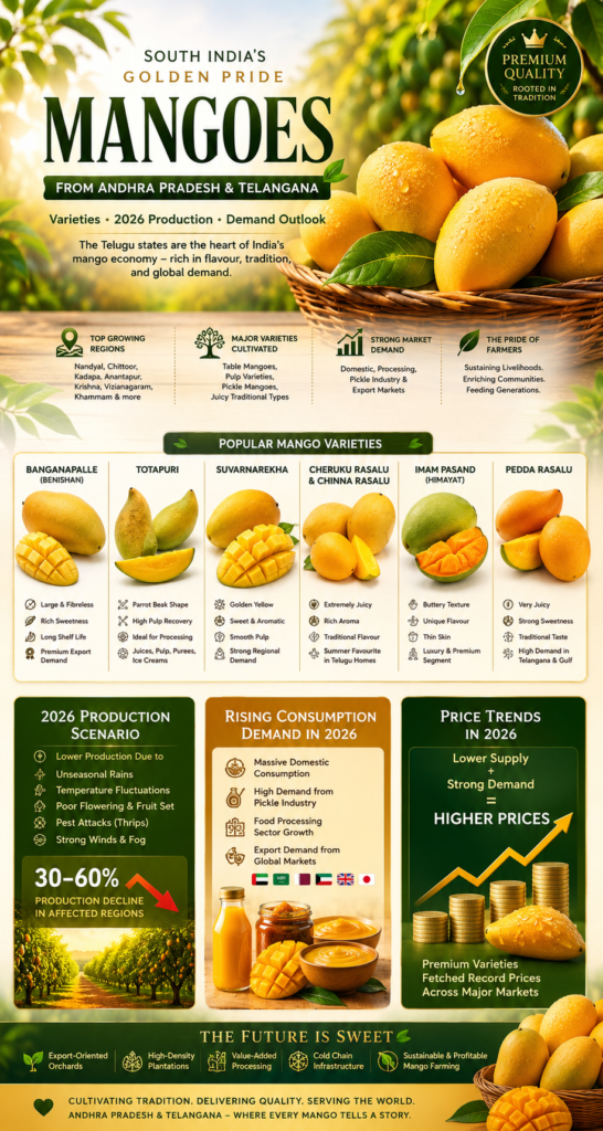 Premium mango varieties of Andhra Pradesh and Telangana including Banganapalle, Totapuri, Rasalu and Imam Pasand with 2026 summer production and demand insights
