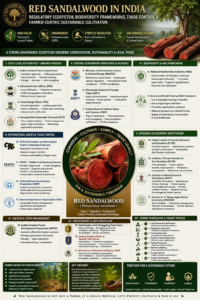Ultra Premium Infographic on Red Sandalwood Governance, Biodiversity Protection, Farmer Cultivation, TRAFFIC, CITES & Agroforestry Ecosystem in India