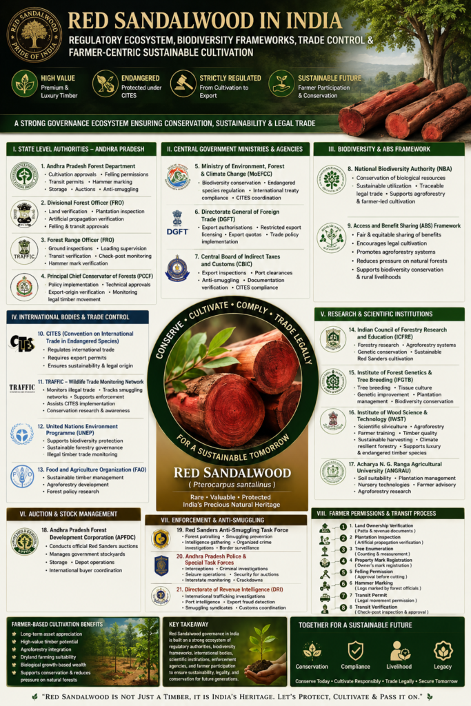 Ultra Premium Infographic on Red Sandalwood Governance, Biodiversity Protection, Farmer Cultivation, TRAFFIC, CITES & Agroforestry Ecosystem in India