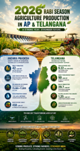 2026 Rabi agriculture production infographic showing paddy, maize, irrigation, and farmland growth in Andhra Pradesh and Telangana