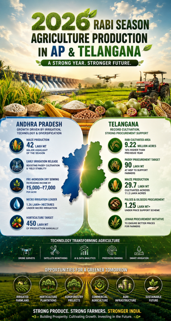 2026 Rabi agriculture production infographic showing paddy, maize, irrigation, and farmland growth in Andhra Pradesh and Telangana
