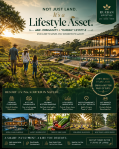 Premium gated farmland community with clubhouse, organic kitchen gardens, and luxury weekend farmhouses for Rurban lifestyle investment