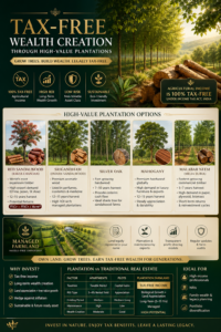 Tax-free wealth creation through plantation investment in India featuring Red Sandalwood, Srigandham, Silver Oak, Mahogany and Malabar Neem farmland