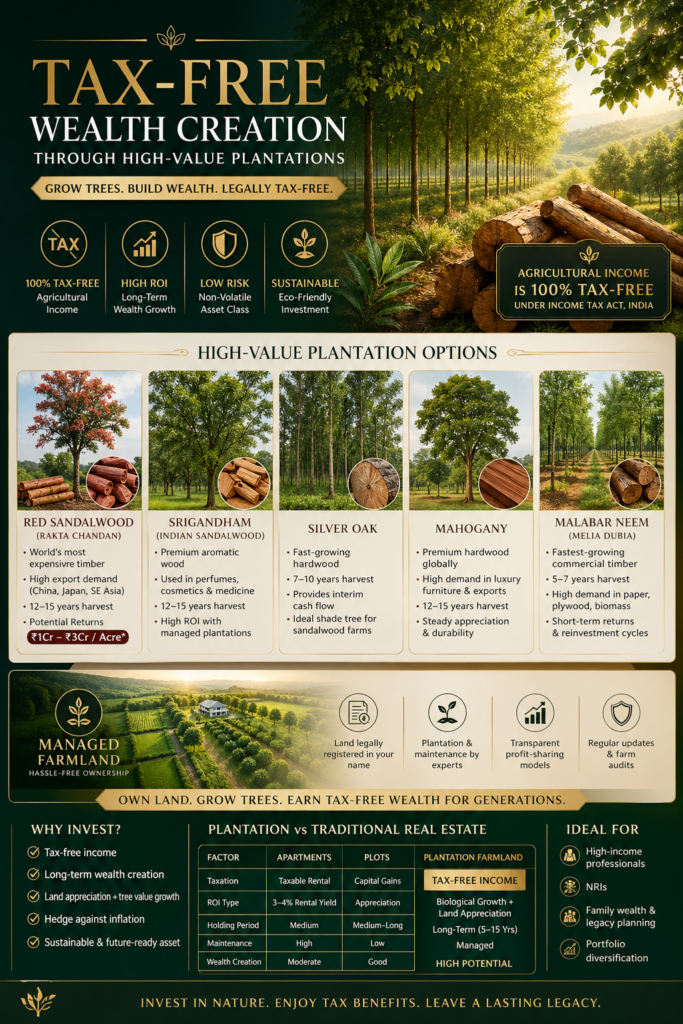 Tax-free wealth creation through plantation investment in India featuring Red Sandalwood, Srigandham, Silver Oak, Mahogany and Malabar Neem farmland