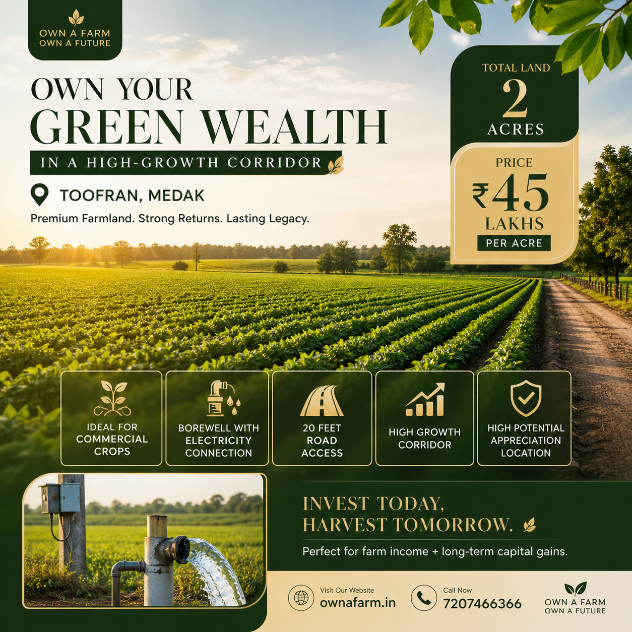 2 acres farmland for sale in Toofran Medak with borewell electricity 20 feet road access commercial crops high appreciation land investment