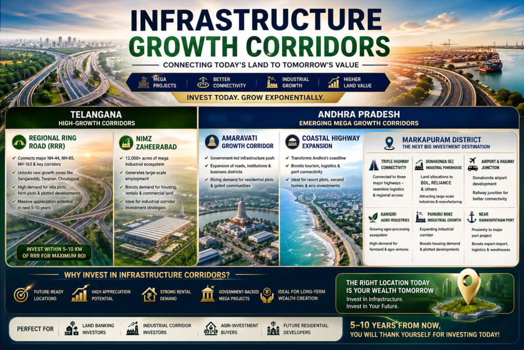 Infrastructure growth corridors map showing Regional Ring Road Telangana, NIMZ Zaheerabad, Amaravati growth corridor, coastal highway and Markapuram district with Donakonda SEZ, Ramayapatnam port connectivity for land investment