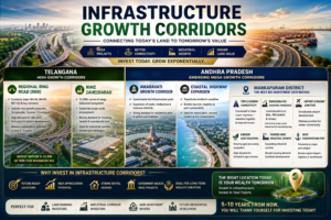 Infrastructure growth corridors map showing Regional Ring Road Telangana, NIMZ Zaheerabad, Amaravati growth corridor, coastal highway and Markapuram district with Donakonda SEZ, Ramayapatnam port connectivity for land investment
