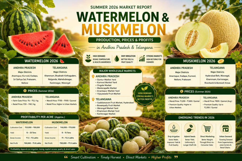 Premium infographic showing Watermelon and Muskmelon production, prices, profits, and major markets in Andhra Pradesh and Telangana during Summer 2026